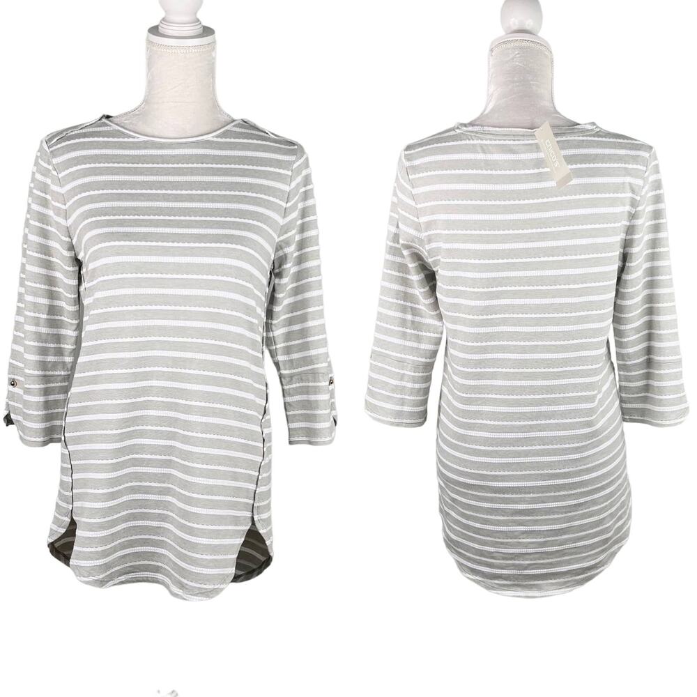 Chico's Zenergy Textured Top S 4-6 Gray White Stripe 0 Envelope Hem New